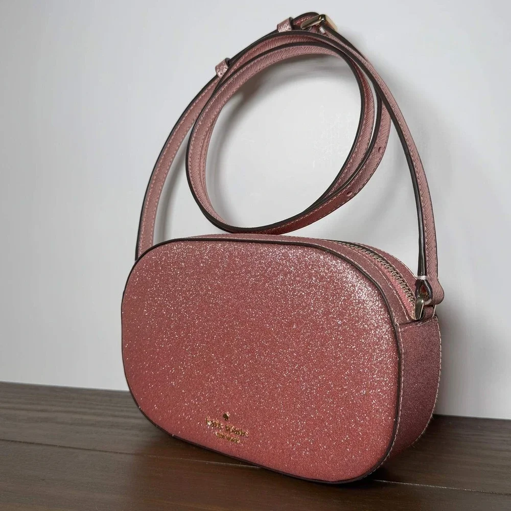 Kate Spade Crossbody Bag Glimmer Pink Glitter Oval Camera‎ Bag Small NWT